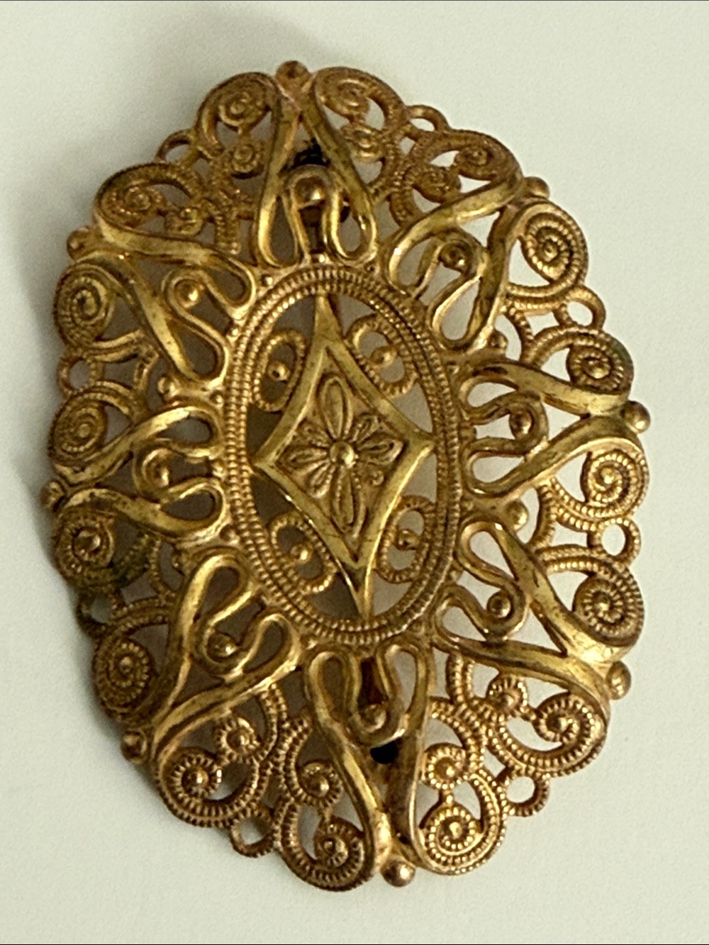 Vintage Miriam Haskell antique revival gold tone Filigree Oval Brooch pin